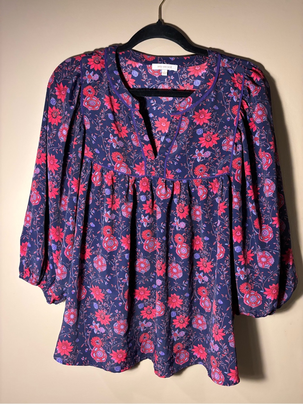 Cottagecore Women’s Floral Peasant Blouse - Navy with Pink Floral